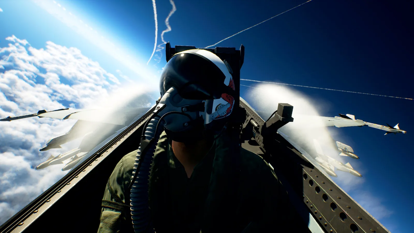 Piloto visto de dentro do cockpit, com o caça acima das nuvens, em Ace Combat 8: Wings of Theve