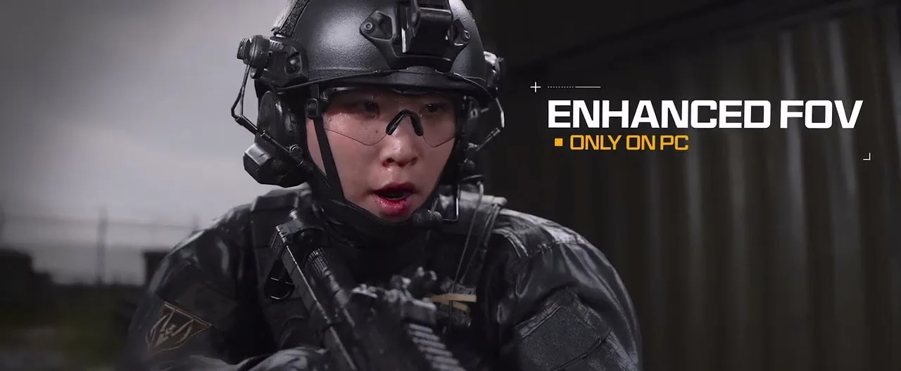 Soldado de capacete com o texto Enhanced FOV, exclusivo do PC, no trailer de PC de Modern Warfare 4