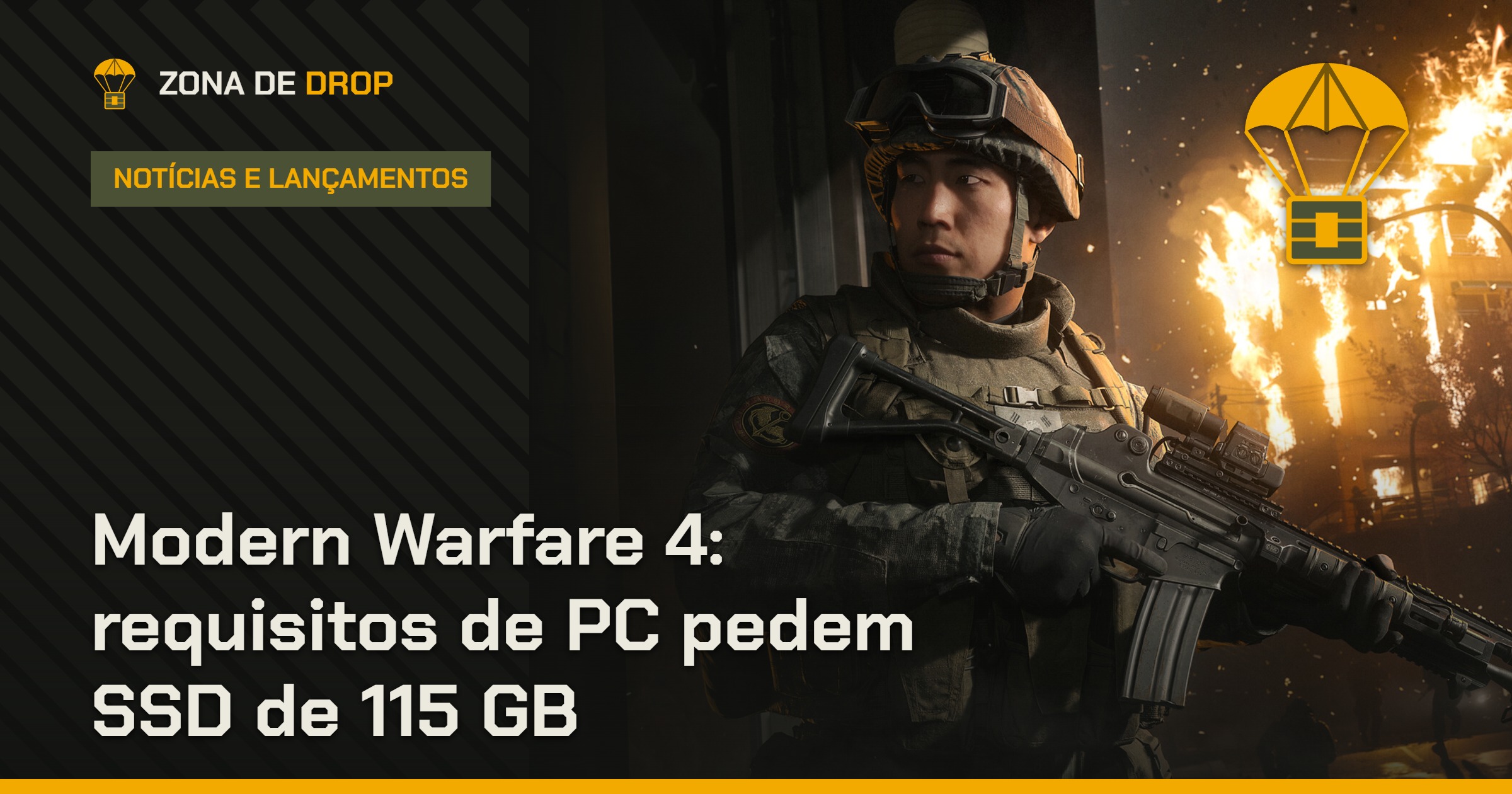 Capa: Modern Warfare 4 — requisitos de PC pedem SSD de 115 GB — Zona de Drop