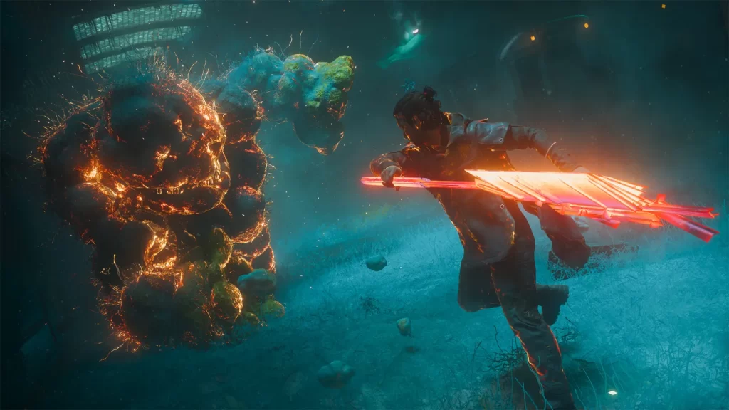 O protagonista enfrenta uma criatura gigante com uma arma de energia em Control Resonant
