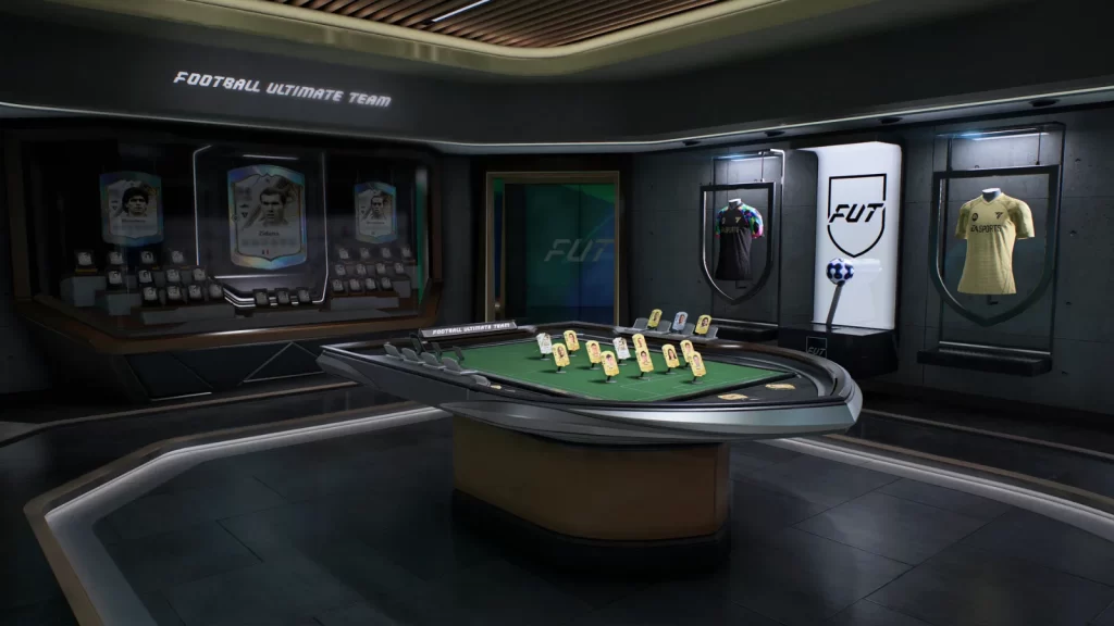 Sala do Ultimate Team em EA Sports FC 27, com cartas e uniformes expostos