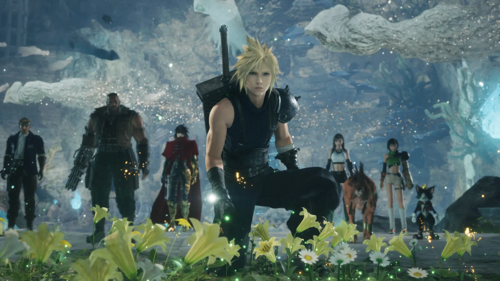 Cloud Strife e o grupo em um campo de flores em Final Fantasy VII Revelation