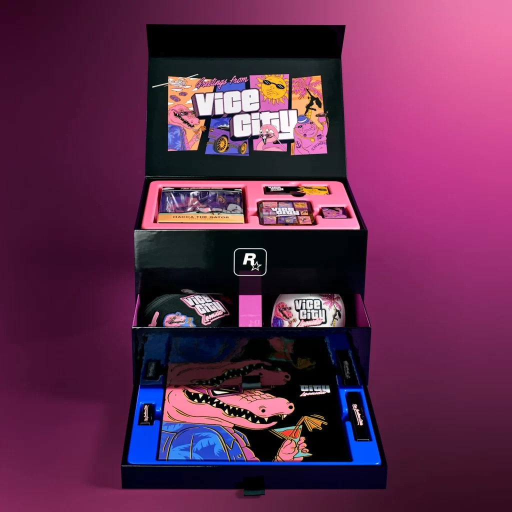 Caixa aberta da The Goodtime State – Vice City Collection com os 11 itens