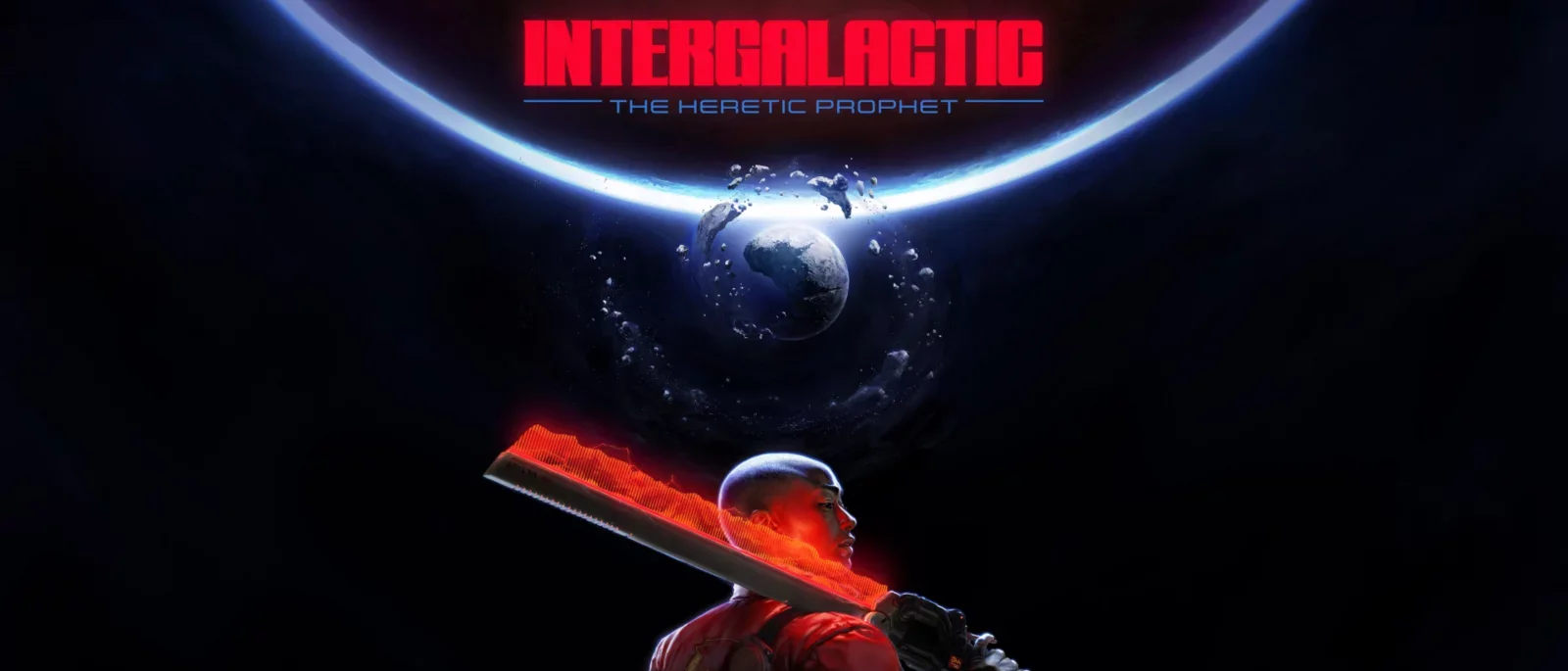 Arte oficial de Intergalactic: The Heretic Prophet com um personagem de armadura vermelha carregando uma lâmina brilhante