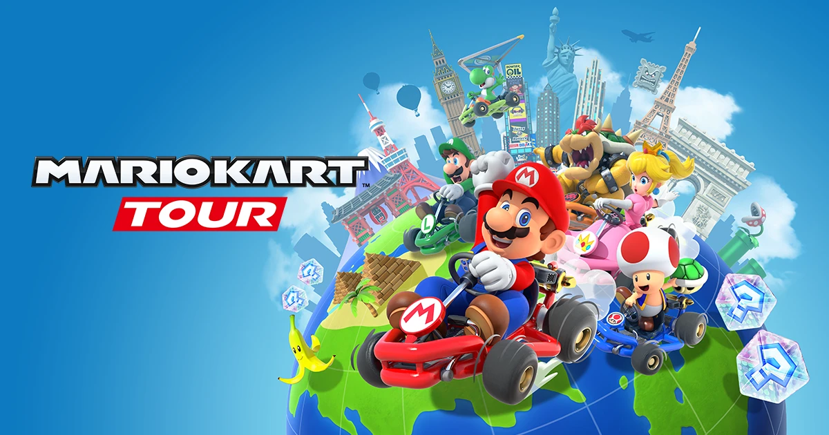 Arte oficial de Mario Kart Tour com Mario, Luigi, Peach, Toad e Bowser correndo sobre um globo com pontos turísticos