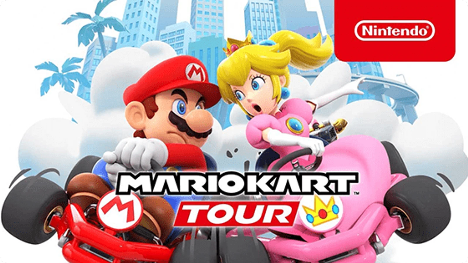 Arte oficial de Mario Kart Tour com Mario e Peach em karts diante de prédios de uma cidade