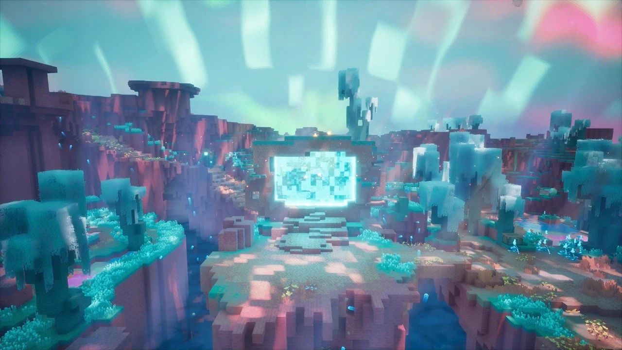 Paisagem da dimensão The Sift em Minecraft Dungeons II, com blocos coloridos e um portal brilhante