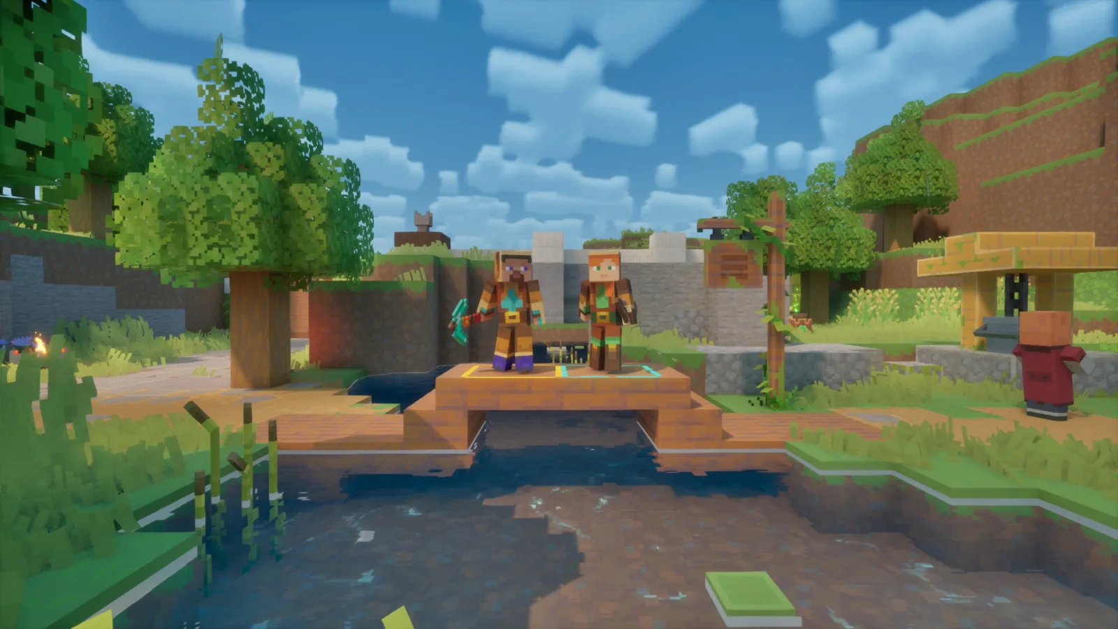 Personagens em um vilarejo cercado de floresta em Minecraft Dungeons II