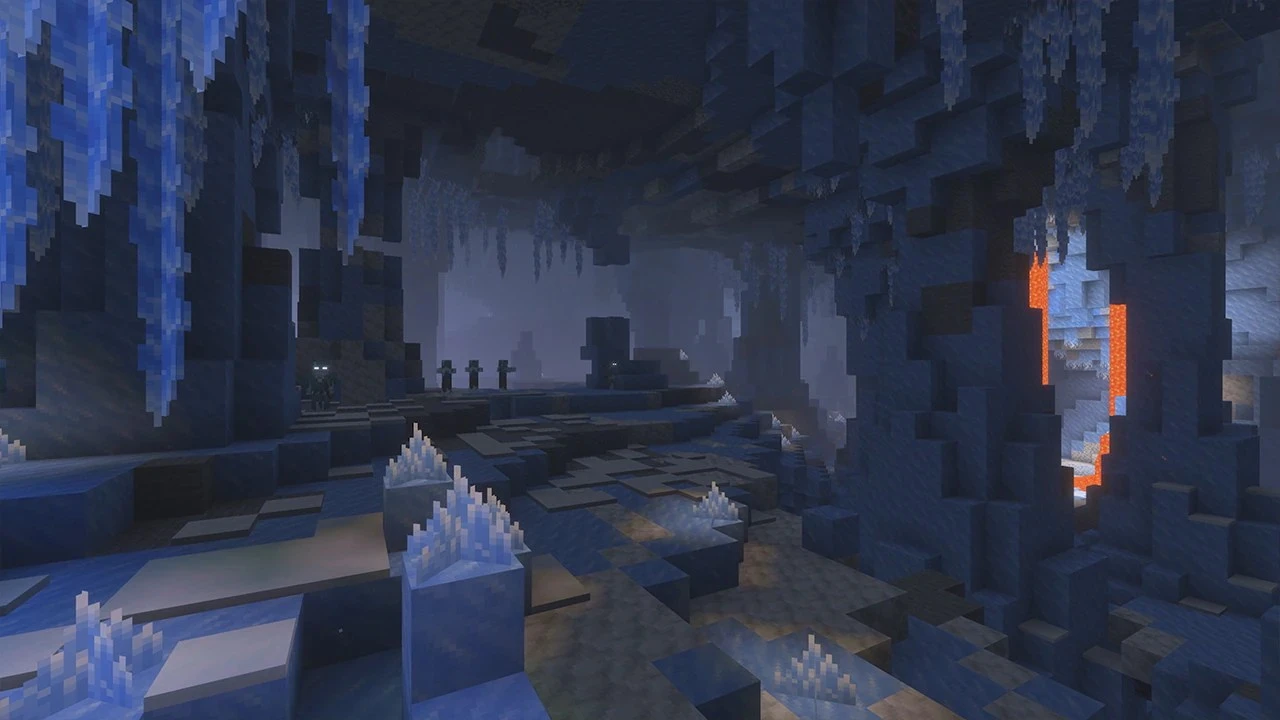 Caverna de gelo em Minecraft com estalactites azuis no teto e cristais de gelo no chão