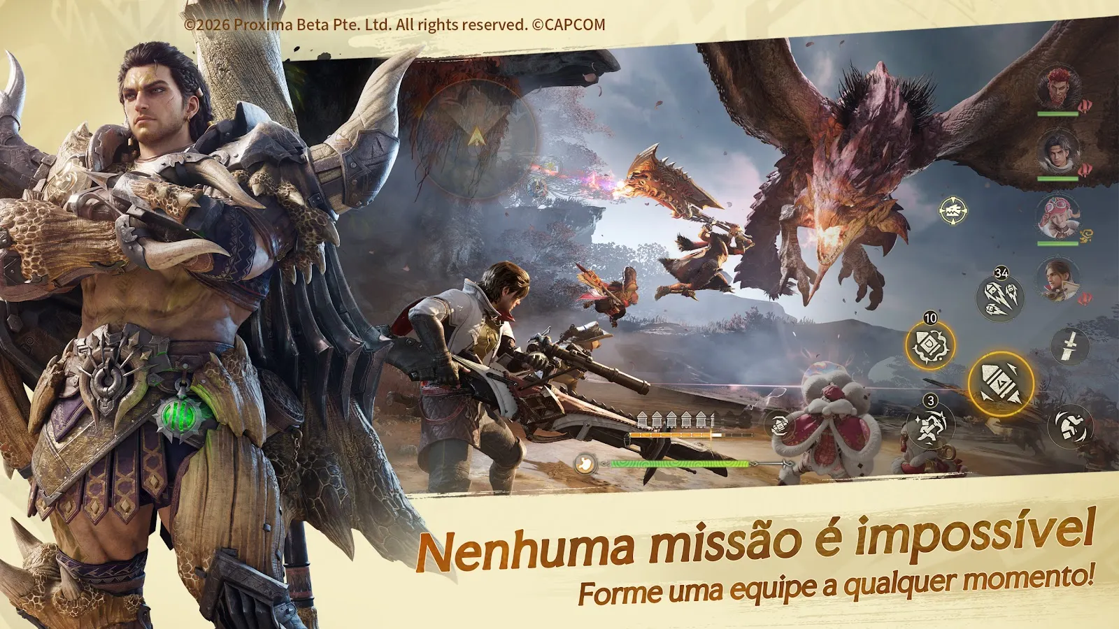 Caçadores enfrentam um monstro em grupo em imagem da página de Monster Hunter Outlanders na Google Play