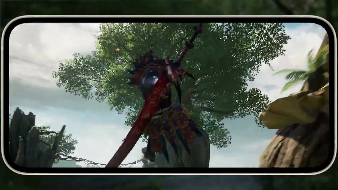 Caçador com arma grande nas costas diante de uma árvore gigante, em gameplay mostrado dentro de uma moldura de celular