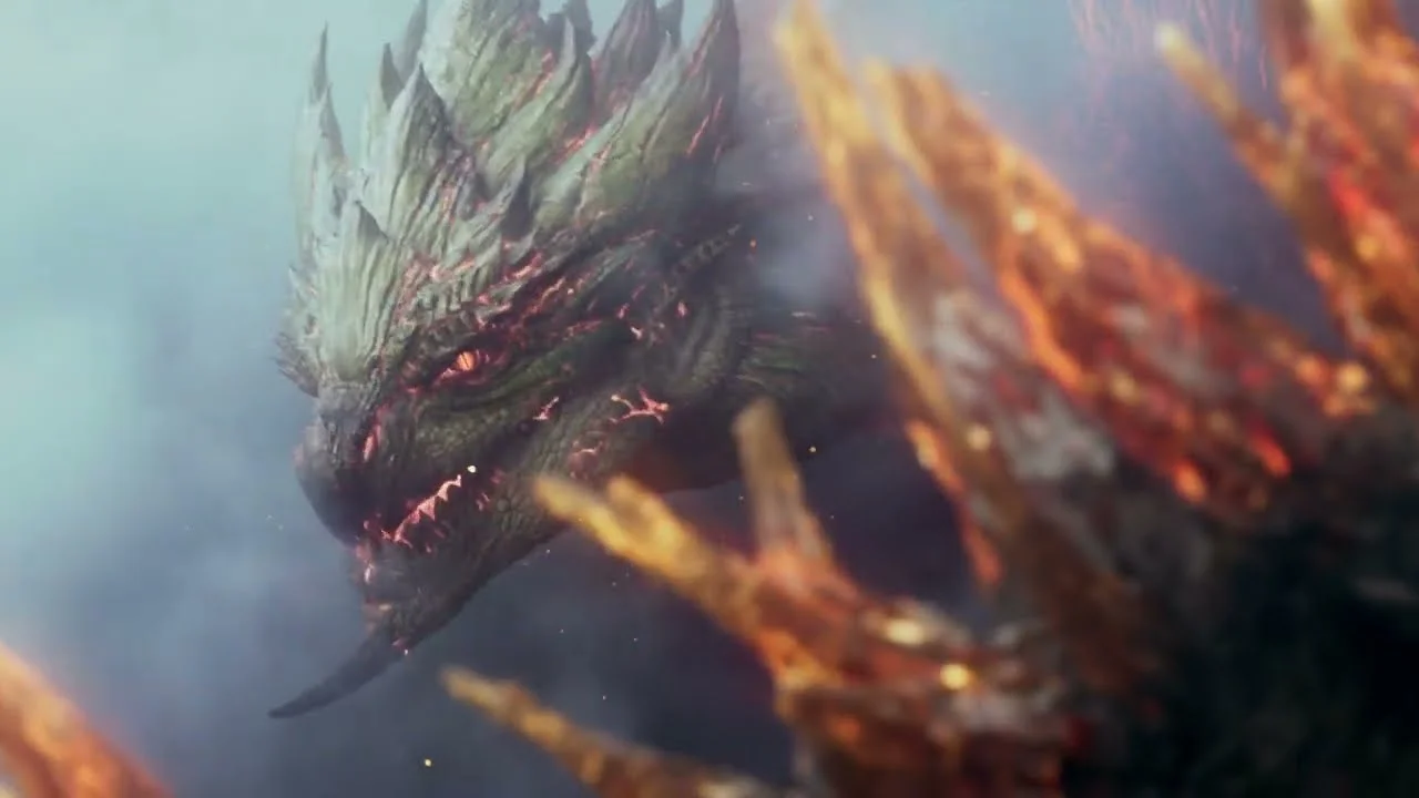 Monstro de escamas em meio a fogo e fumaça no trailer de Monster Hunter Outlanders
