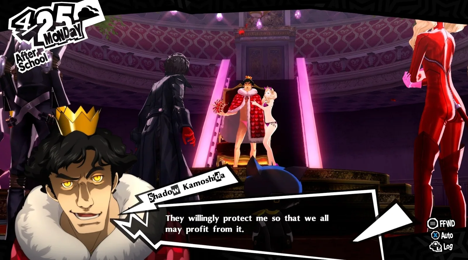 Cena de Persona 5 Royal com personagens em um palco iluminado em rosa