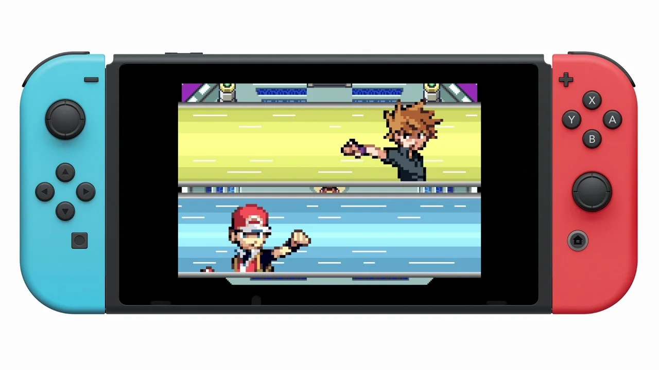 Nintendo Switch exibindo uma batalha de Pokémon FireRed Version