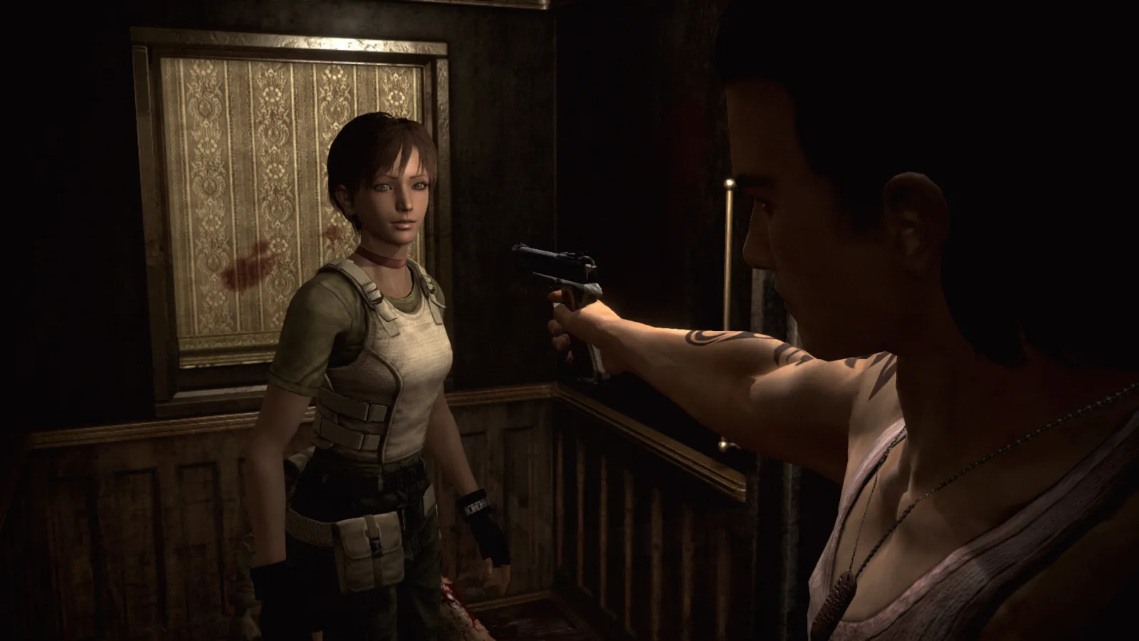 Billy Coen aponta a arma enquanto Rebecca Chambers observa em Resident Evil 0