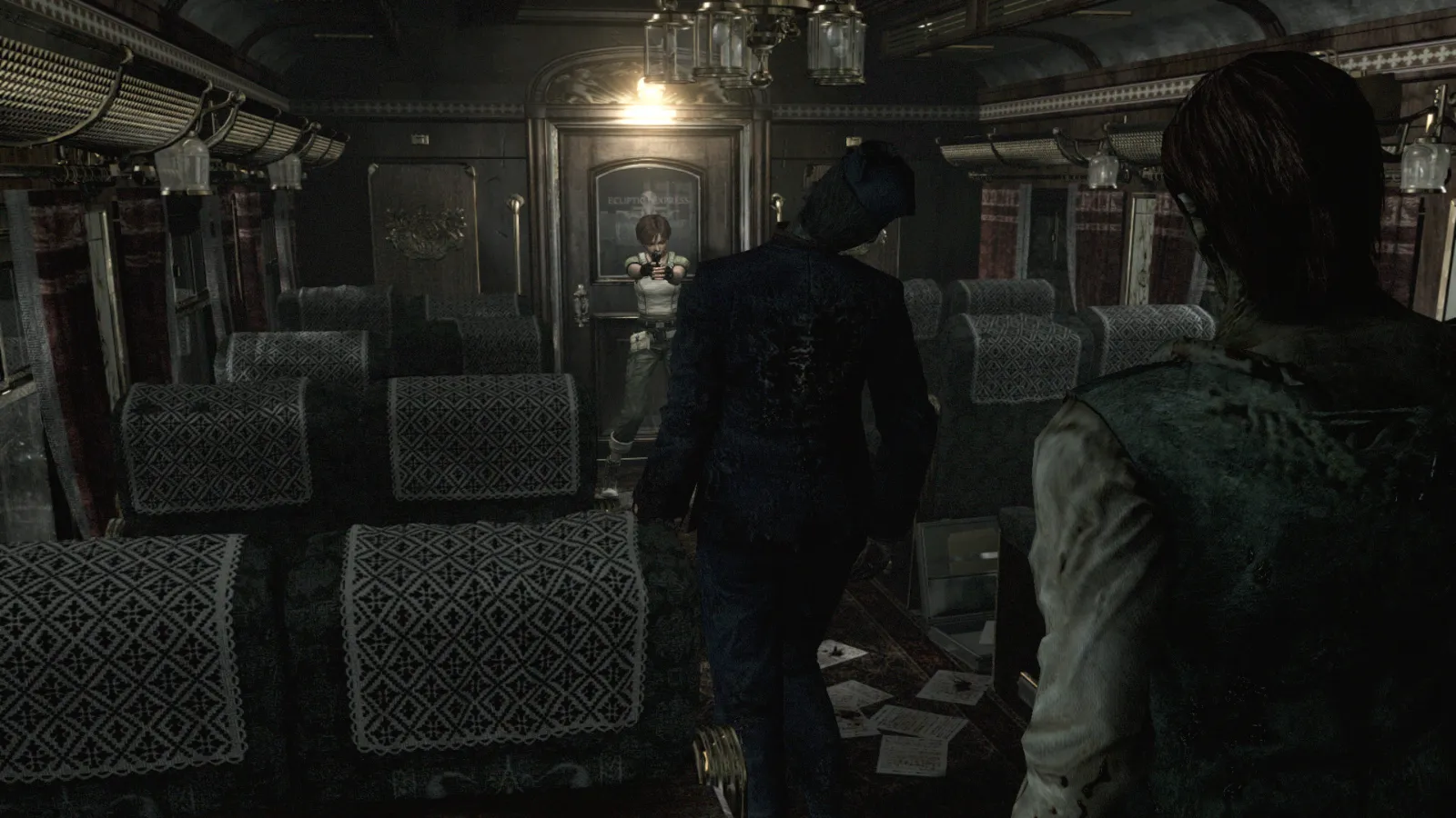 Rebecca Chambers e Billy Coen em um vagão do Ecliptic Express em Resident Evil 0
