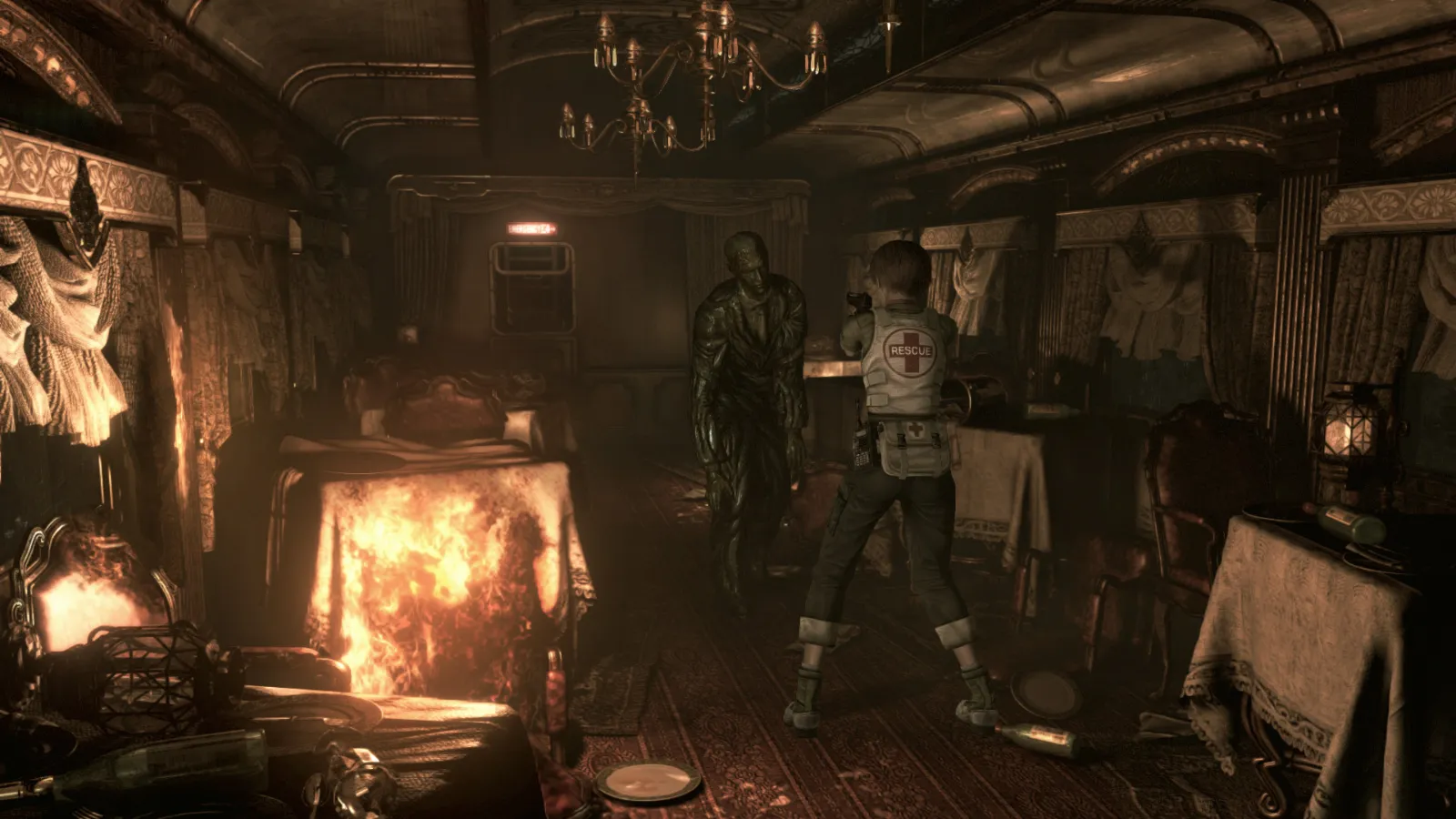 Vagão-restaurante do Ecliptic Express em chamas, com zumbis, em Resident Evil 0