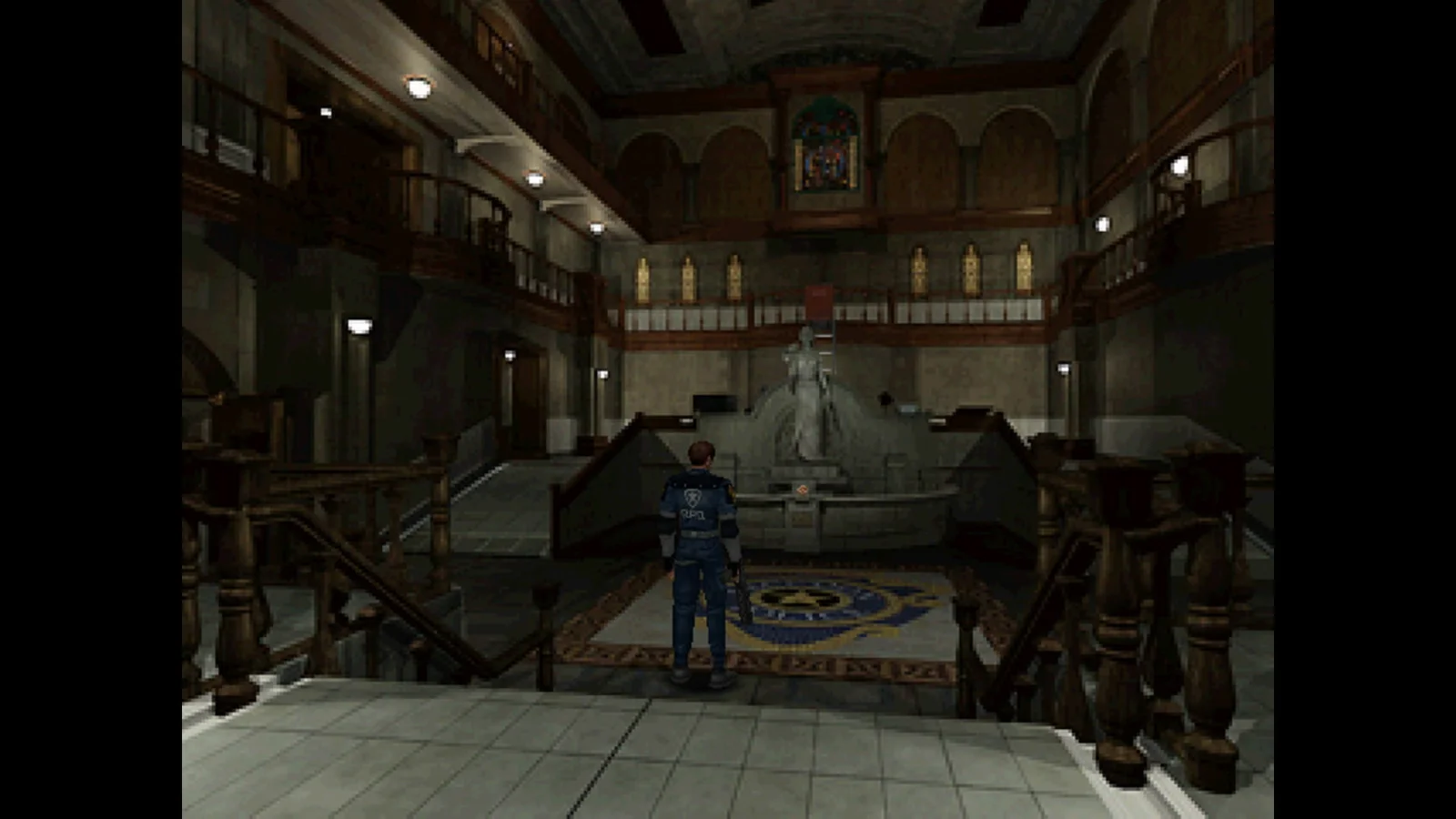 Saguão da delegacia de Raccoon City em Resident Evil 2 (1998)