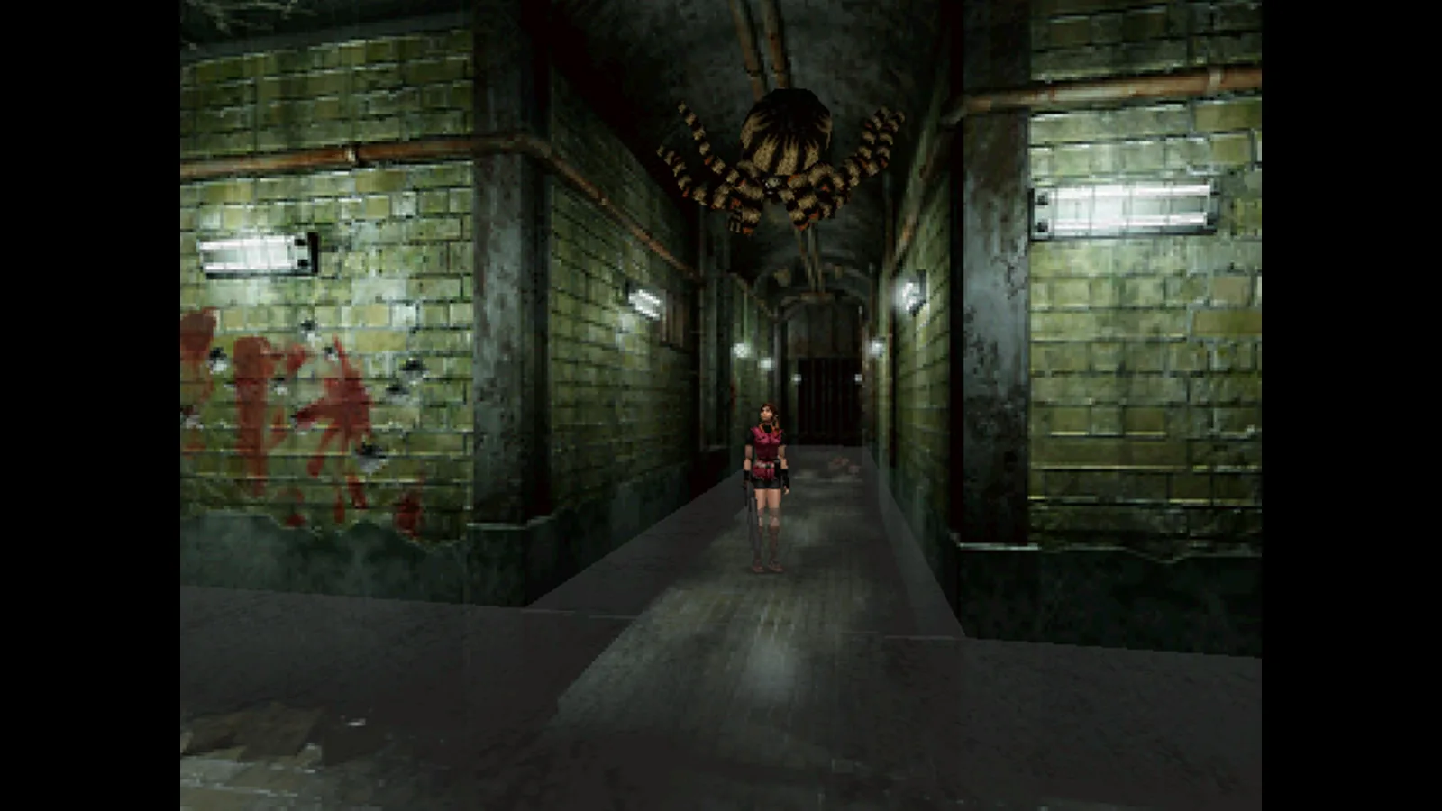 Corredor ensanguentado perto do laboratório da Umbrella em Resident Evil 2 (1998)