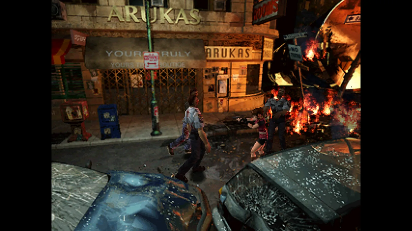Rua em chamas de Raccoon City cheia de zumbis em Resident Evil 2 (1998)
