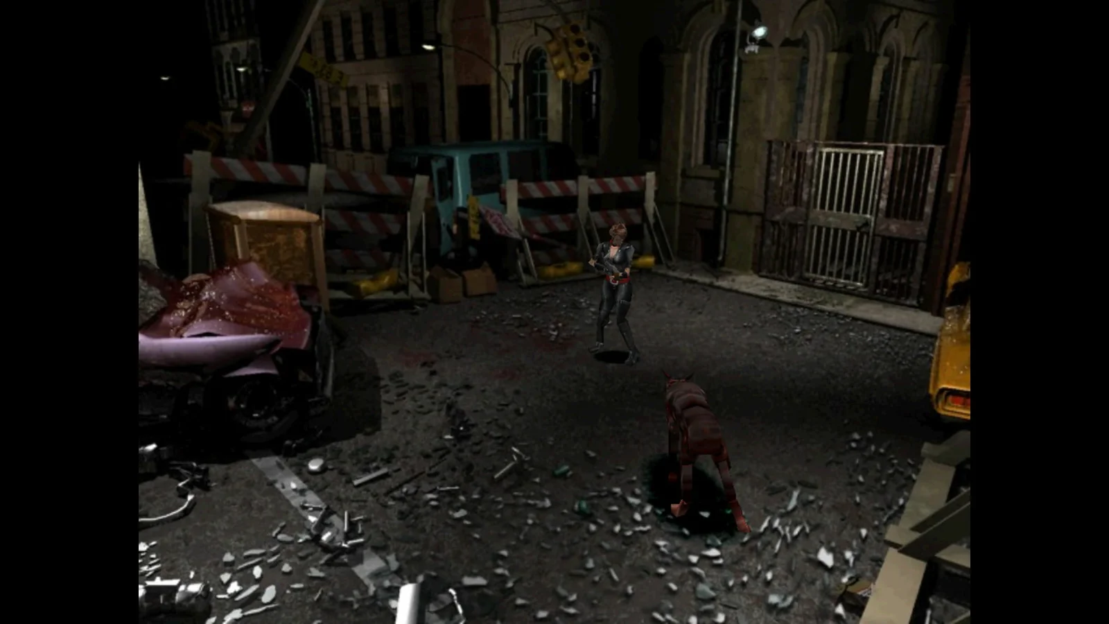 Rua destruída de Raccoon City com zumbis em Resident Evil 3 (1999)
