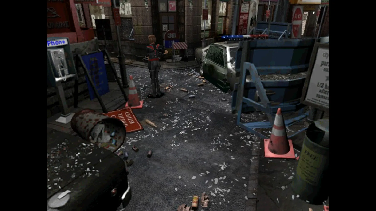 Rua destruída de Raccoon City em Resident Evil 3: Nemesis (1999)
