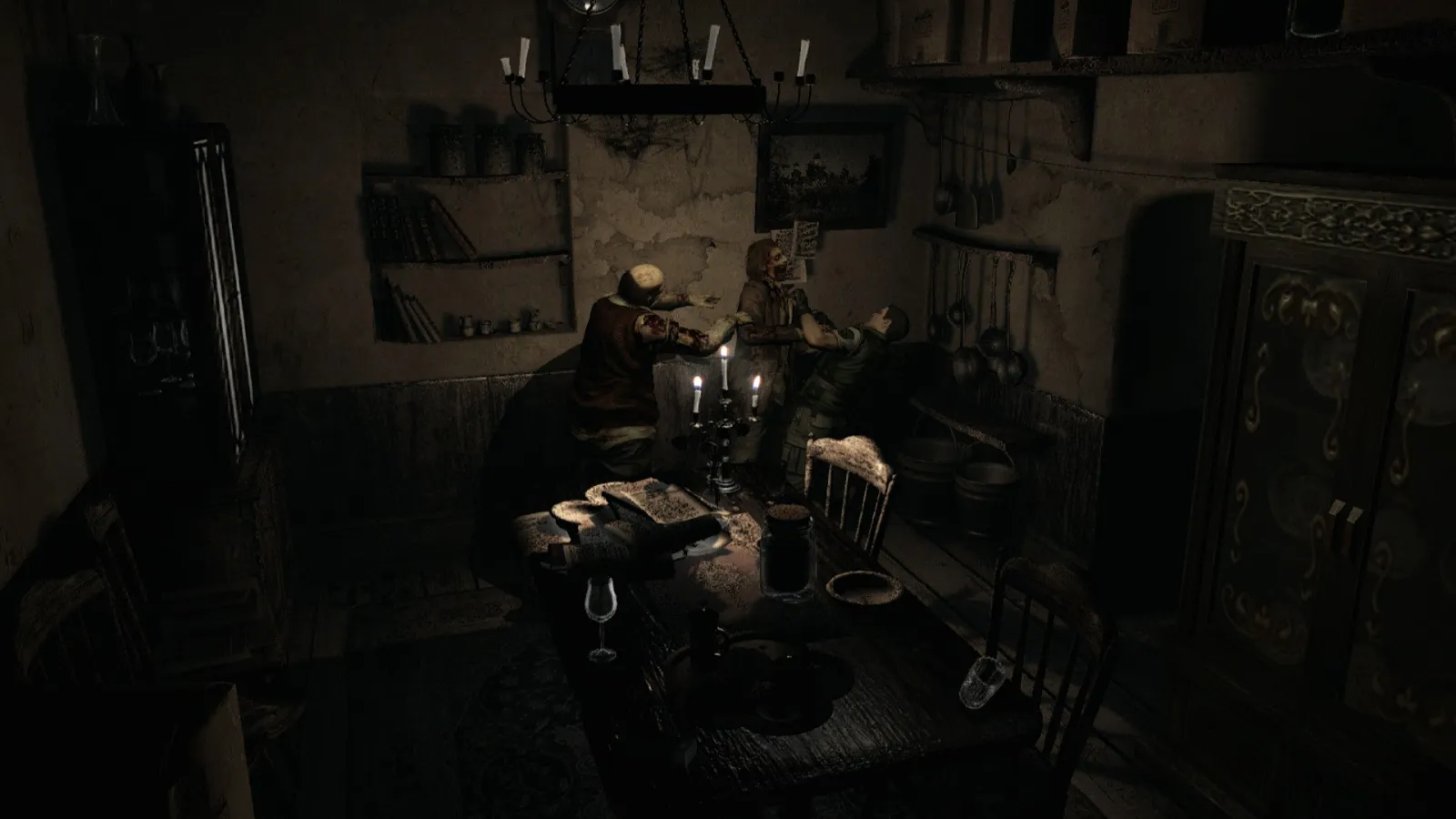 Cômodo escuro da mansão Spencer em Resident Evil (Remake)