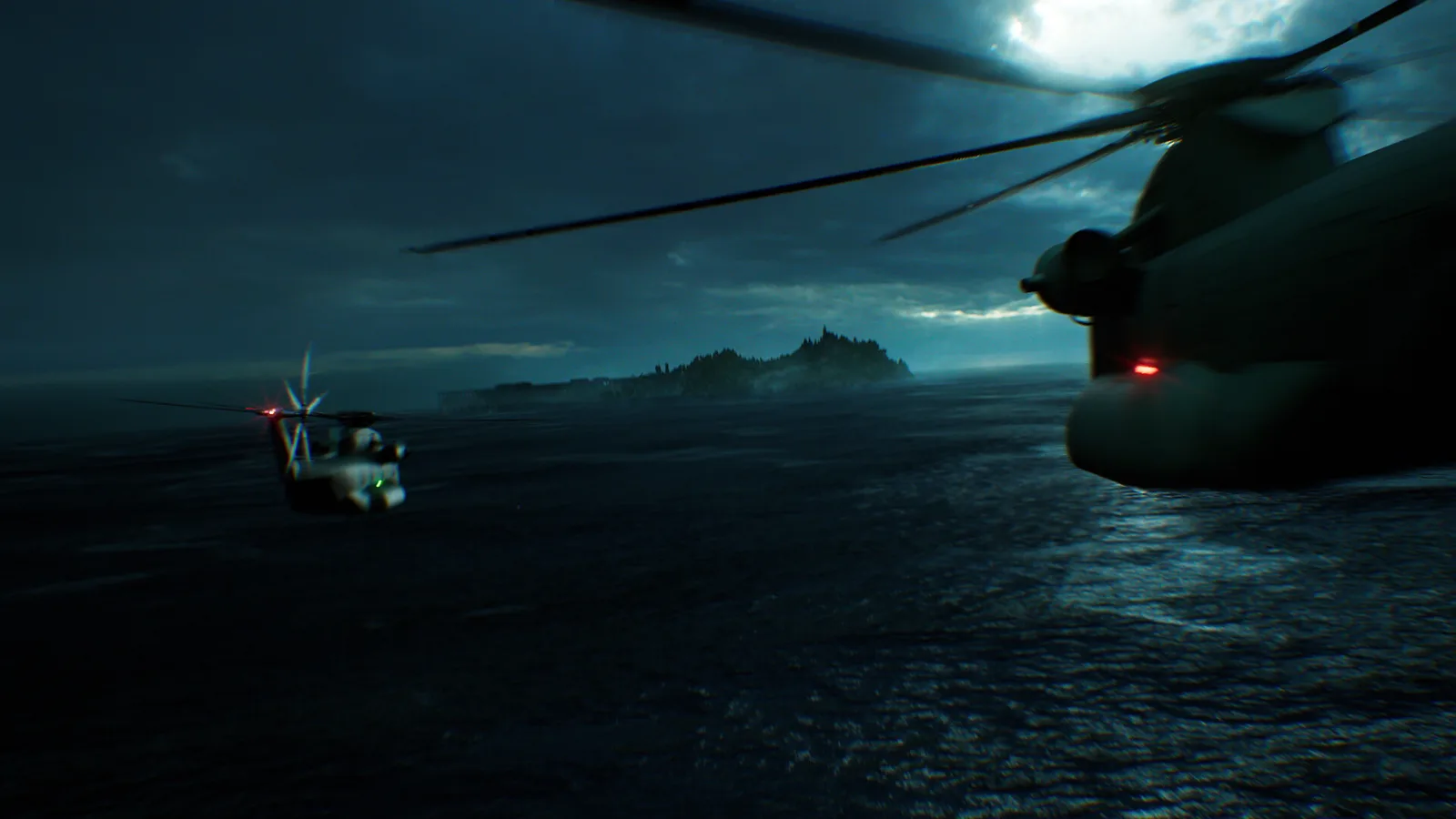 Helicópteros sobre o mar a caminho de uma ilha em Resident Evil Veronica