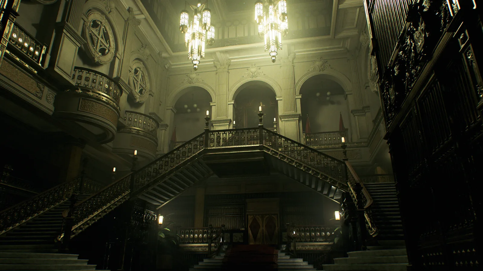 Salão com escadaria e lustres da residência dos Ashford em Resident Evil Veronica