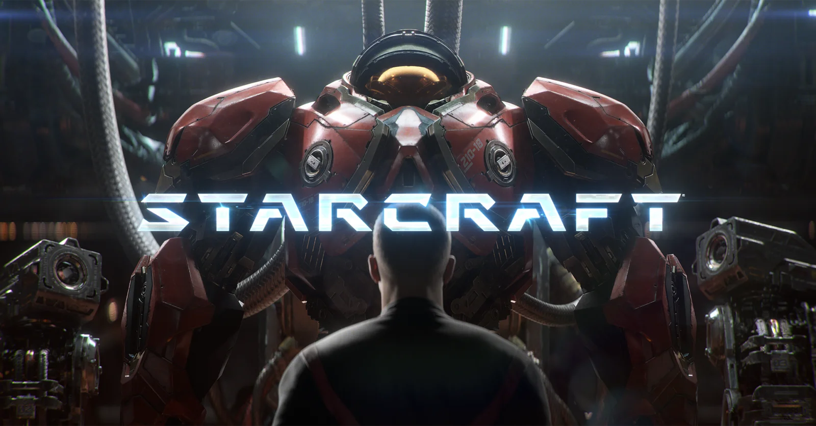 Fuzileiro do Domínio de armadura vermelha diante do logo de StarCraft no vídeo de anúncio