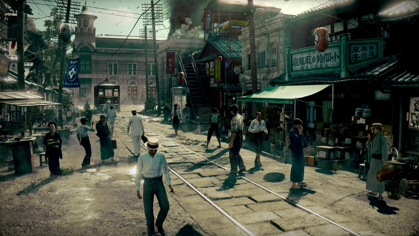Rua movimentada de uma cidade japonesa de época em Stranger Than Heaven