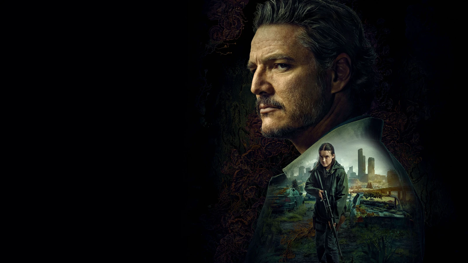 Arte da série The Last of Us da HBO com Pedro Pascal em primeiro plano e Bella Ramsey armada ao fundo