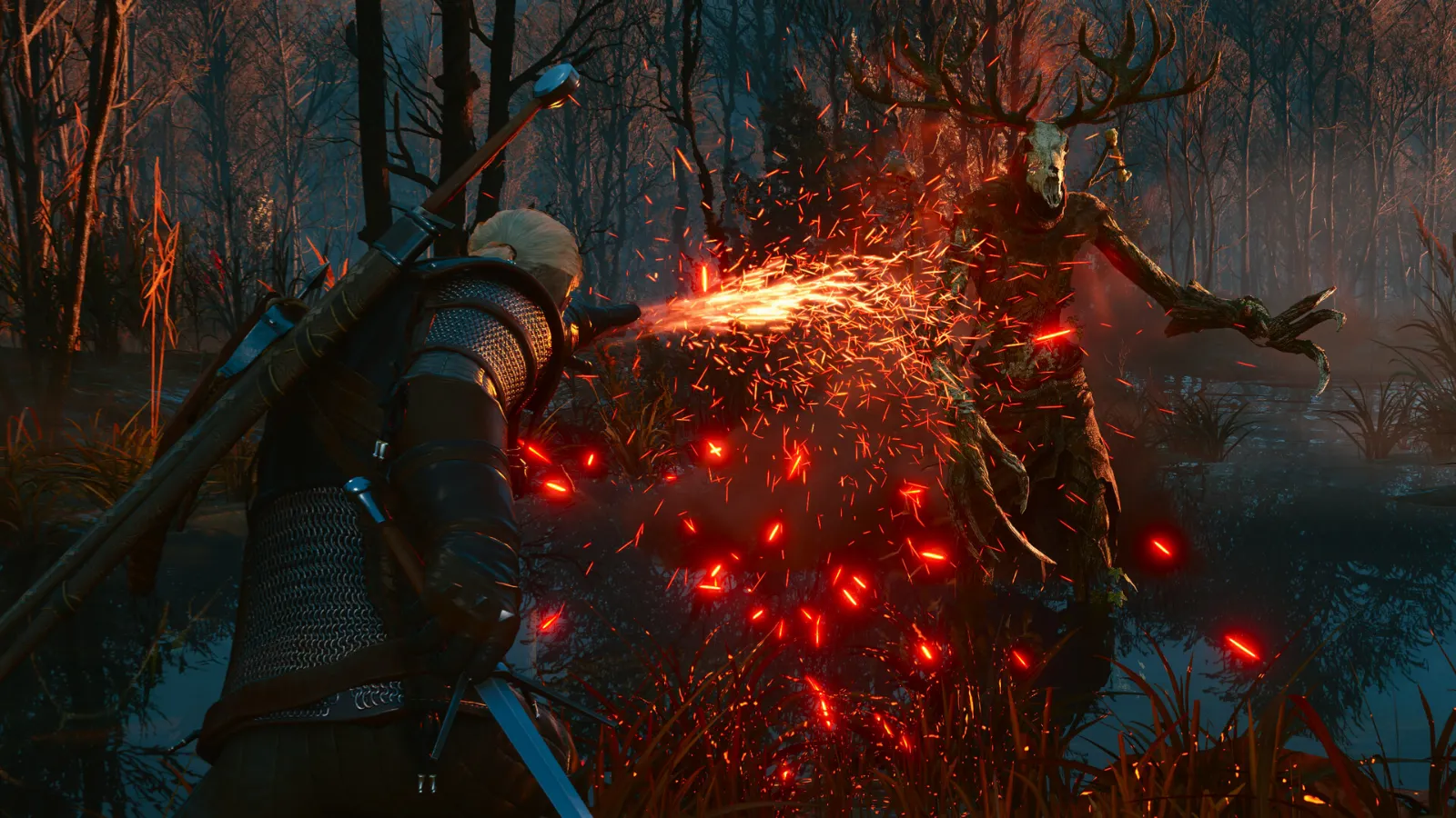 Geralt lança um sinal de fogo contra uma criatura de galhos em um pântano