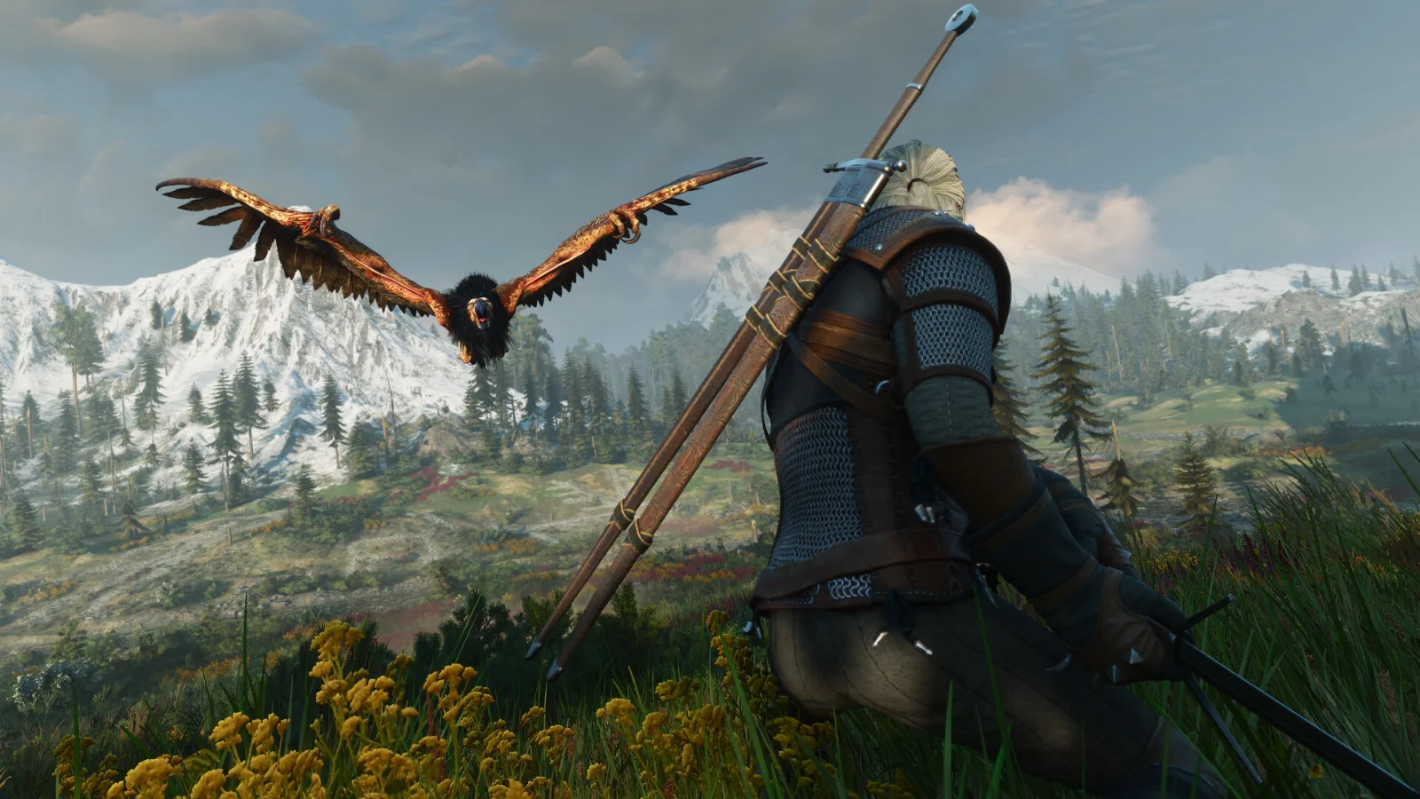 Geralt caminha por um campo com montanhas nevadas ao fundo enquanto uma ave voa ao lado