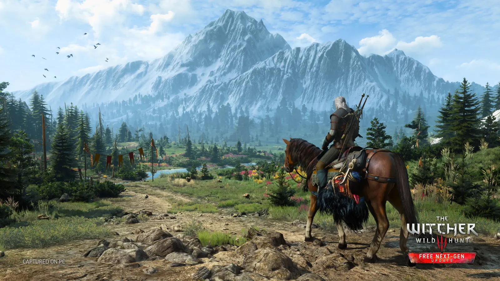 Geralt montado em Roach observa as montanhas em The Witcher 3: Wild Hunt