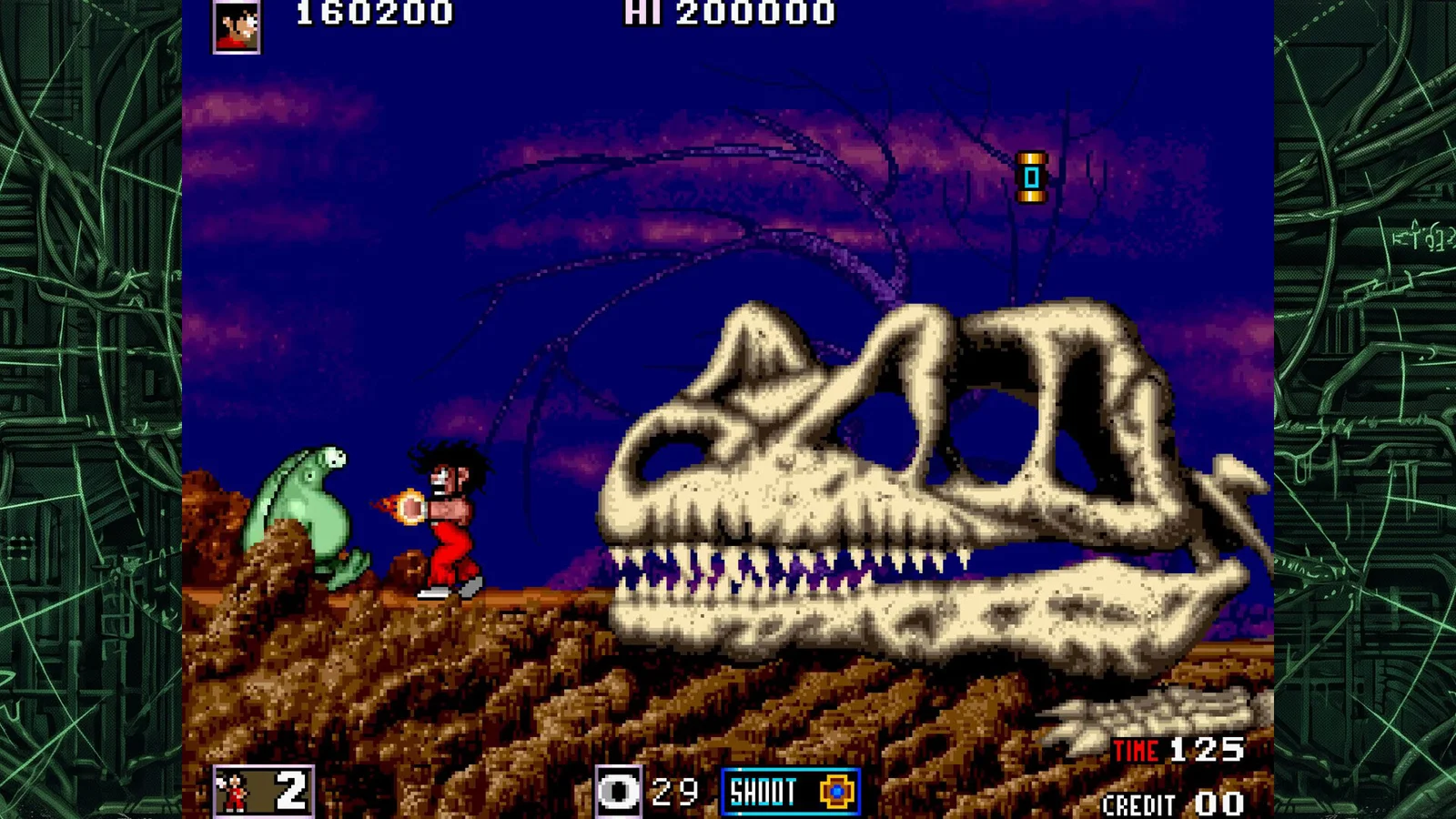 Cena de Thunder Hoop com o herói diante de um esqueleto gigante de dinossauro
