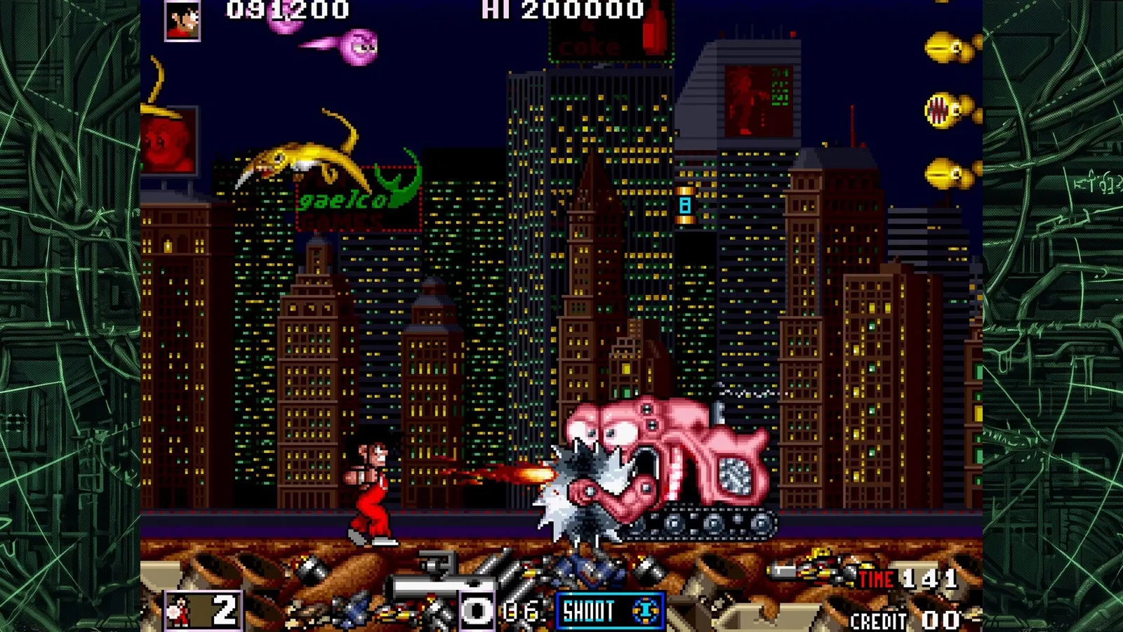 Cena de Thunder Hoop, de 1992, com o herói atirando em um mutante rosa numa cidade à noite