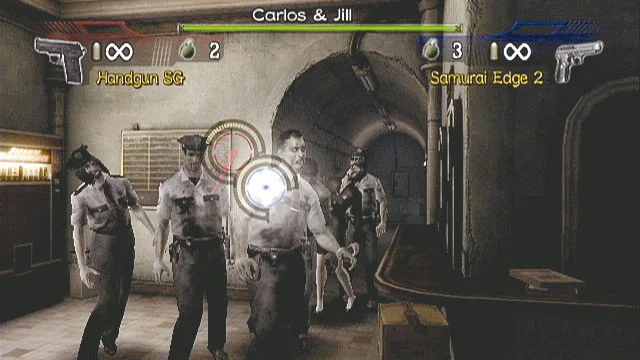 Carlos e Jill miram em policiais zumbis na delegacia de Raccoon City em Resident Evil: The Umbrella Chronicles