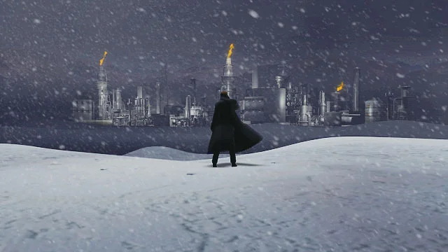 Albert Wesker de sobretudo na neve, diante de uma instalação industrial, em Resident Evil: The Umbrella Chronicles