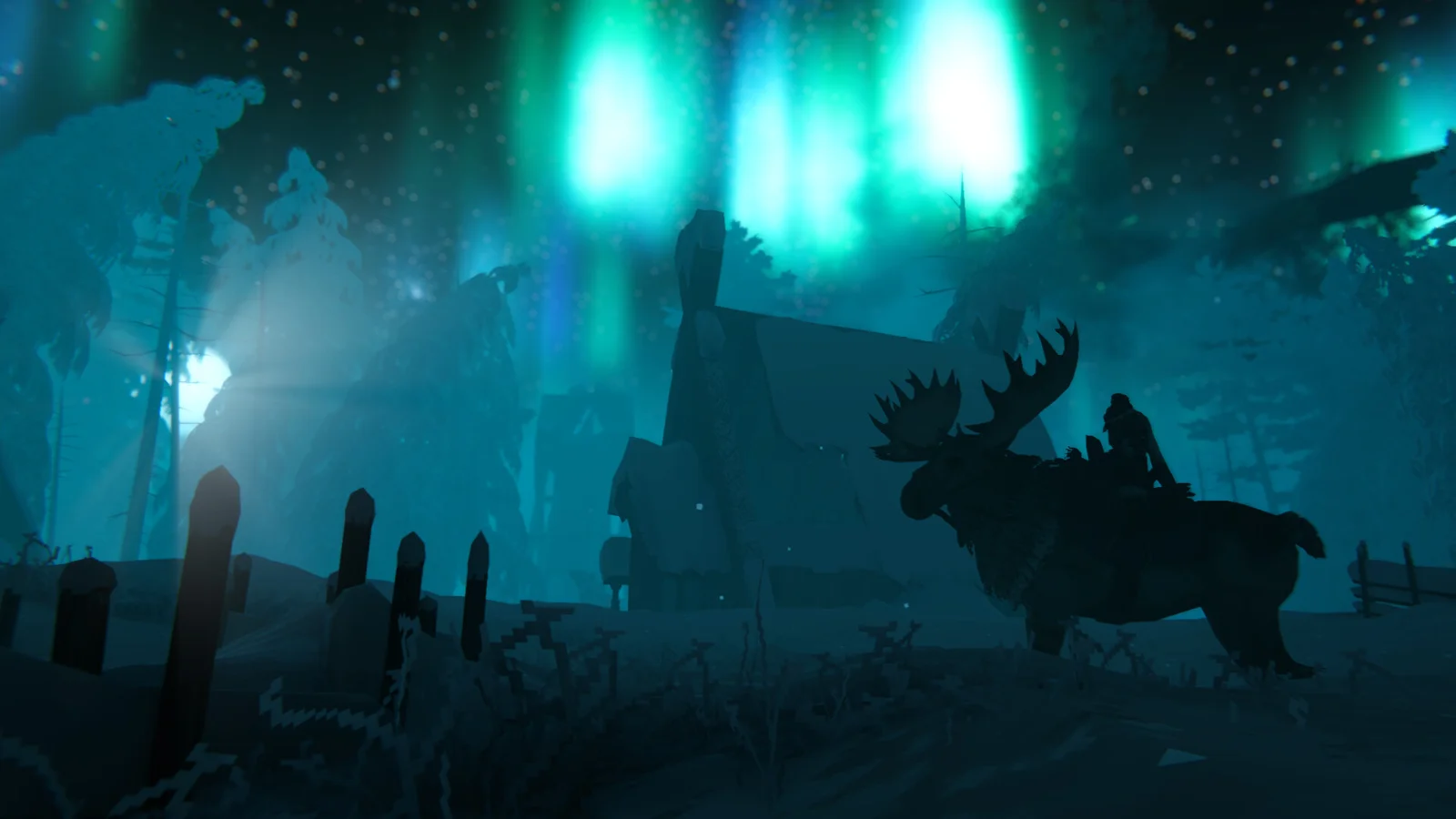 Viking montado num alce sob a aurora boreal em Valheim