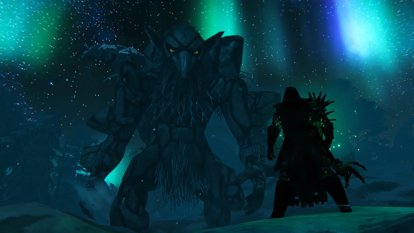 Guerreiro encara um gigante no Deep North de Valheim (imagem oficial Steam)