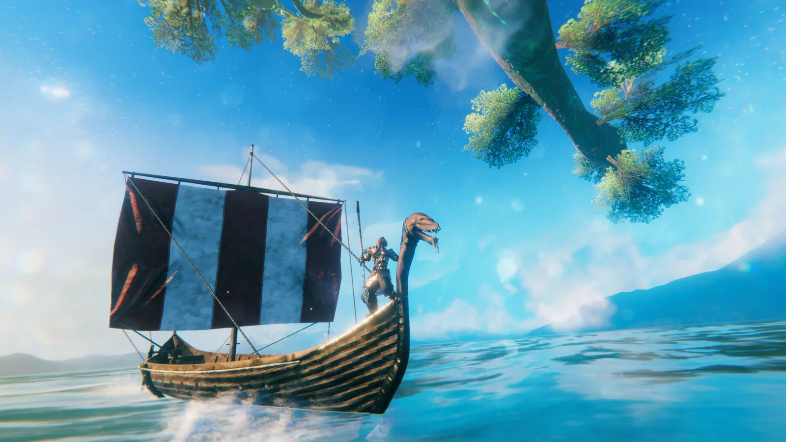 Viking navegando de longship em Valheim (imagem oficial Steam)