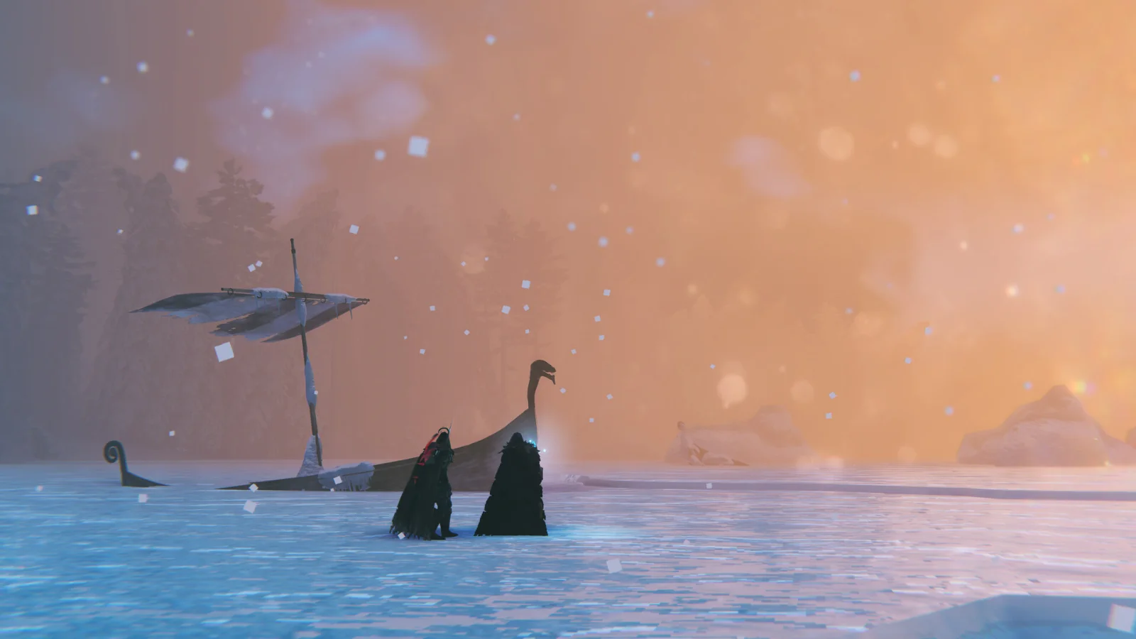 Navio viking encalhado no gelo ao pôr do sol em Valheim (imagem oficial Steam)