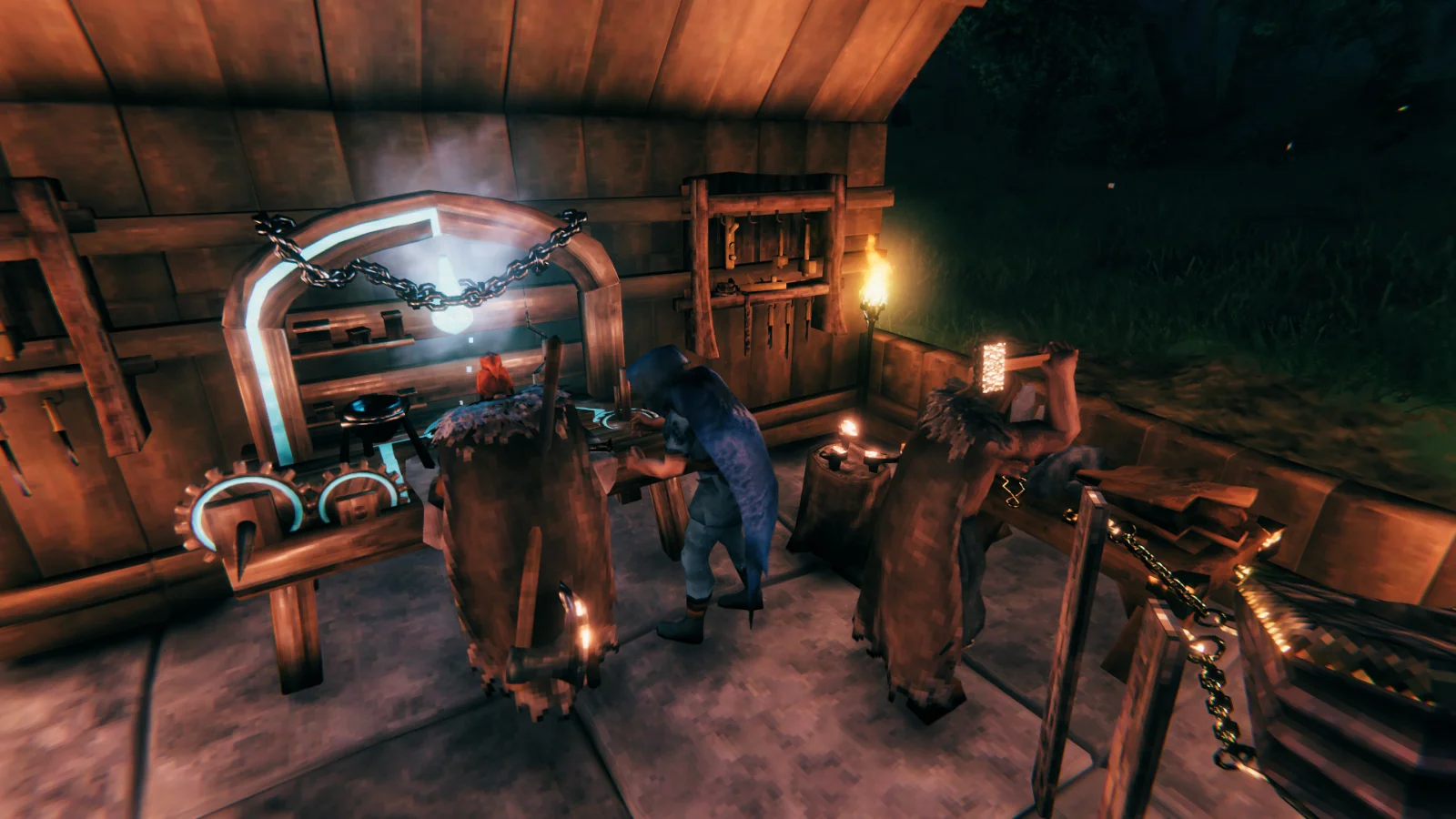 Jogadores trabalhando na oficina de ferreiro em Valheim (imagem oficial Steam)