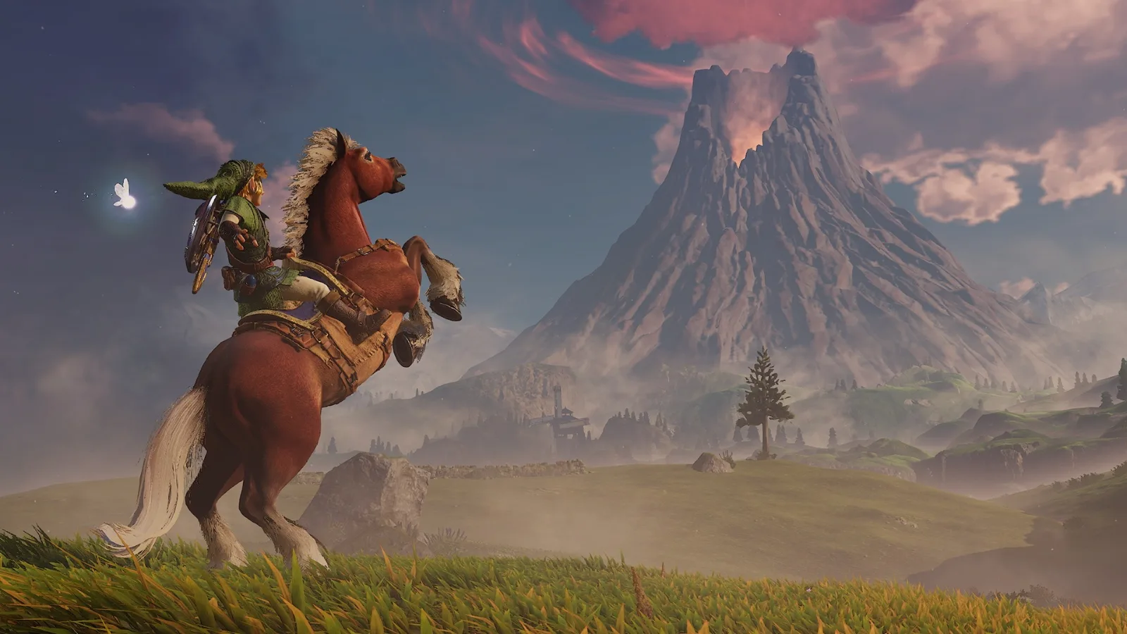 Link montado em Epona, com uma montanha vulcânica ao fundo, no remake de Ocarina of Time para Nintendo Switch 2