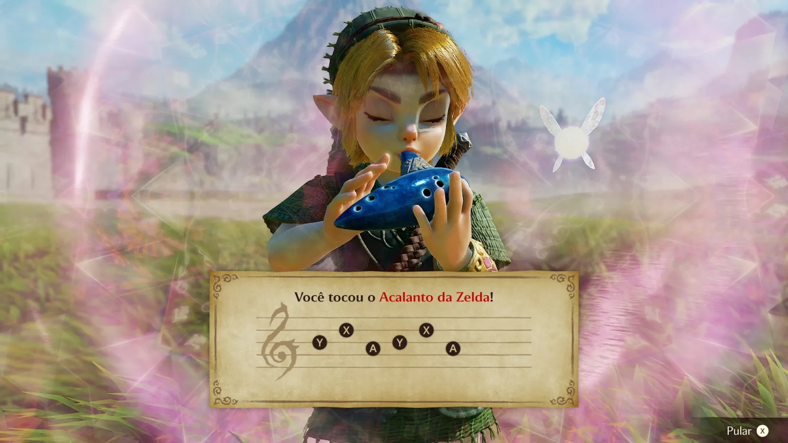 Link jovem toca a ocarina e a tela mostra "Você tocou o Acalanto da Zelda!" em Ocarina of Time para Nintendo Switch 2